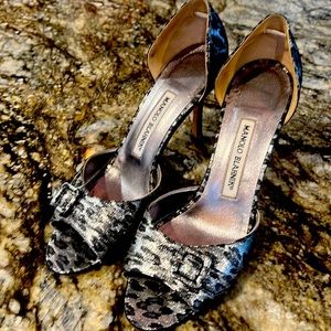 Silver, leopard print Manolo Blahnik heels. Worn but fabulous!